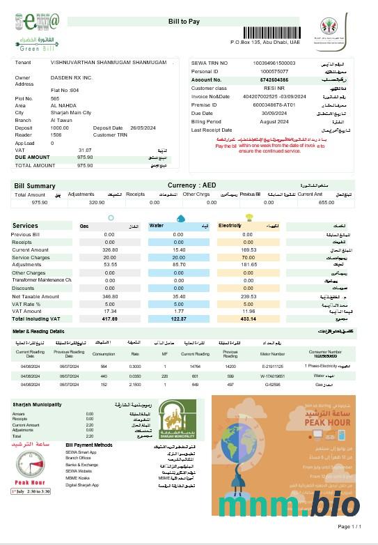 UAE ABU DHABI DISTRIBUTION CO. rachunek za usługi komunalne Word i szablon PDF